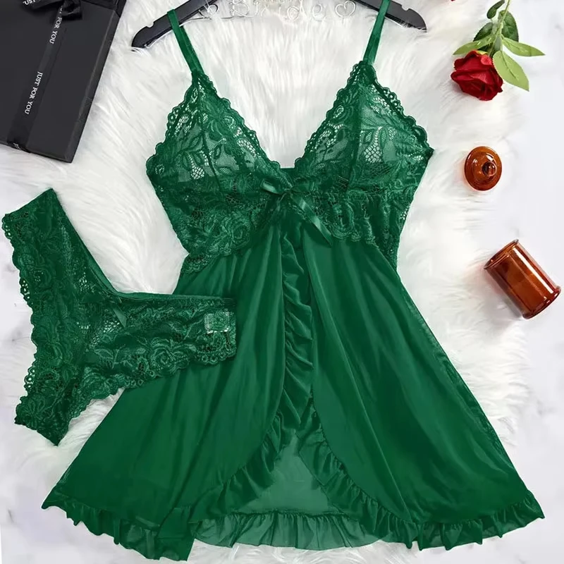 Sheer Bra Lace - 2 個セットレースナイトガウン女性絶妙なホームウェア新グリーン夜間パジャマ透明スプリットナイトドレス V ネックブラジャーパンティセット