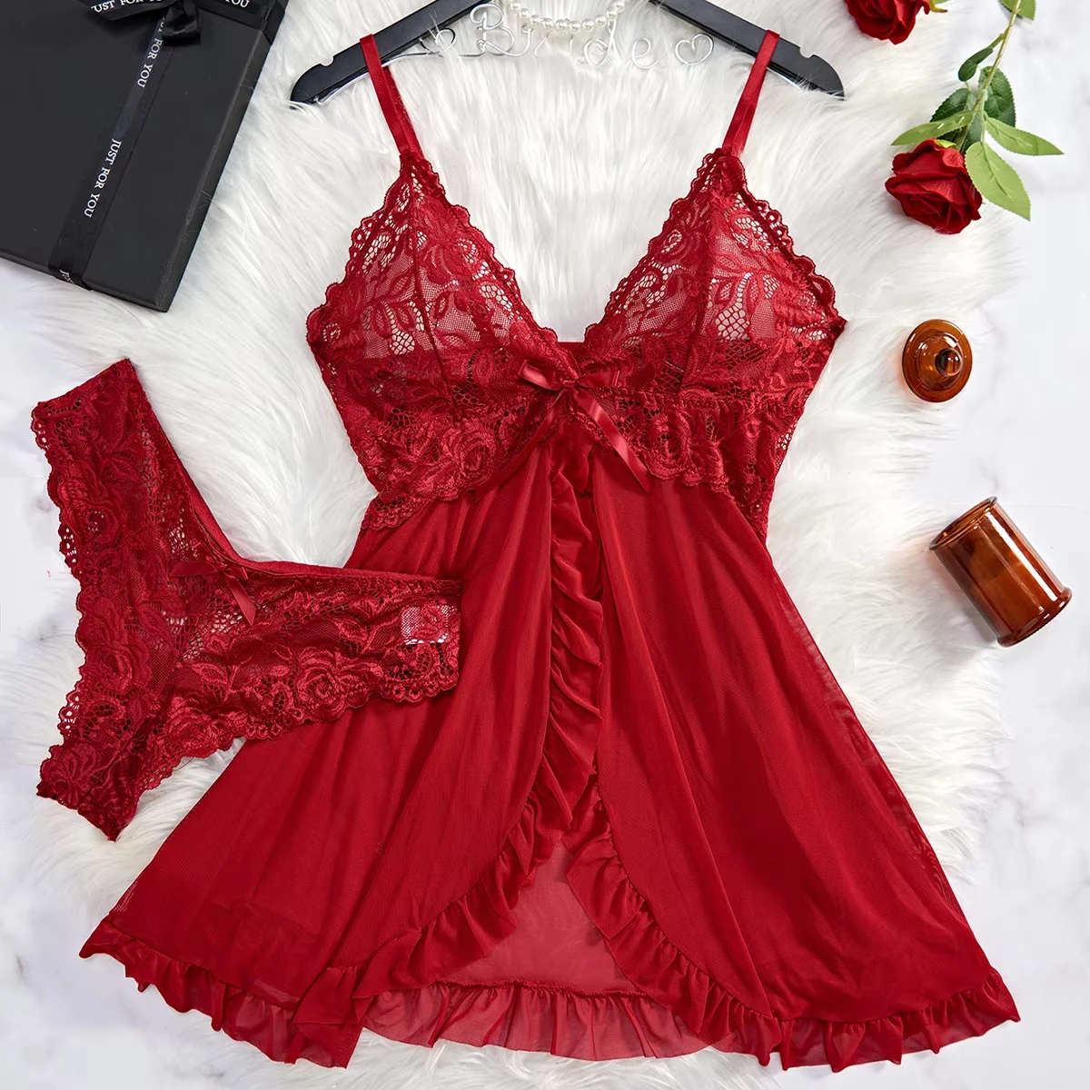 2 個セットレースナイトガウン女性絶妙なホームウェア新グリー - Sheer Bra Lace のレビューと価格